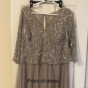 David’s Bridal Gray ornate formal floor length gown 24W. Looks taupe in pics.